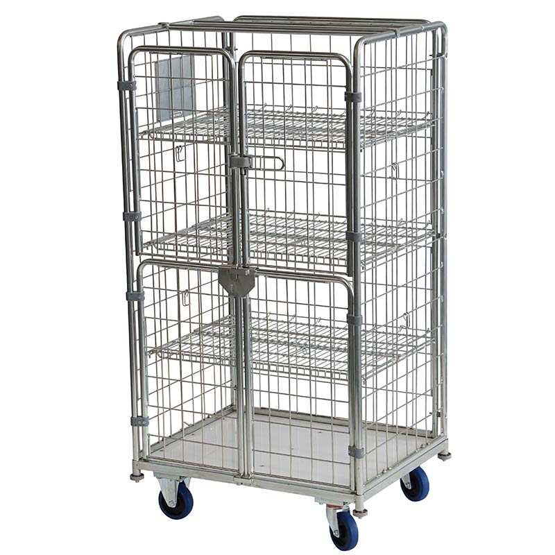 Laundry roll pallet cage with 3 folding shelves