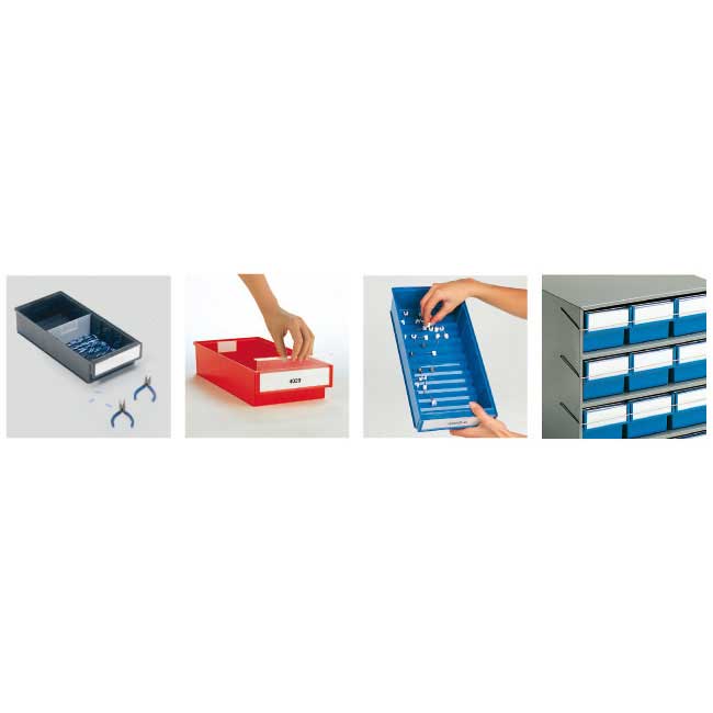 Cross dividers / Labels with protective shields / Corrugated base / Optional retainer bars