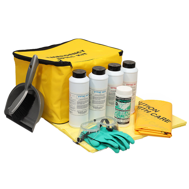 Acid, caustic & solvent spill kit in yellow PVC bag