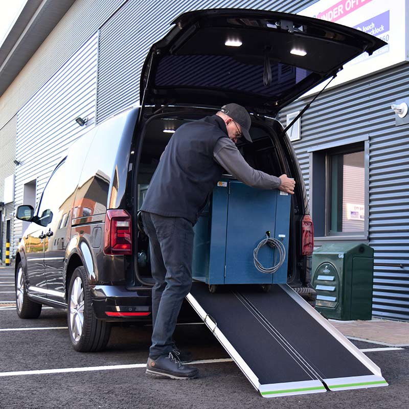 Aerolight Max folding access ramp used for loading heavy equipment into vehicle