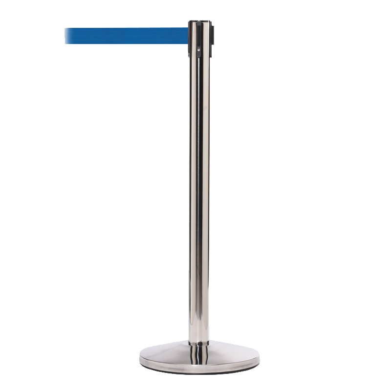 Satin steel belt barrier post with 3.4m blue belt