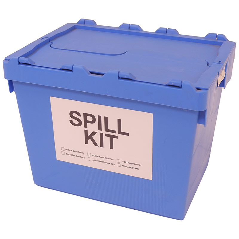 Spill kit in blue recycled plastic box