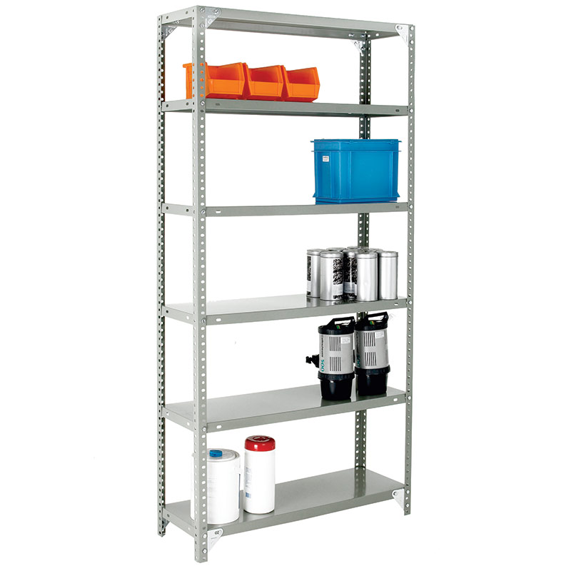Bolted open access steel shelving with six shelf levels