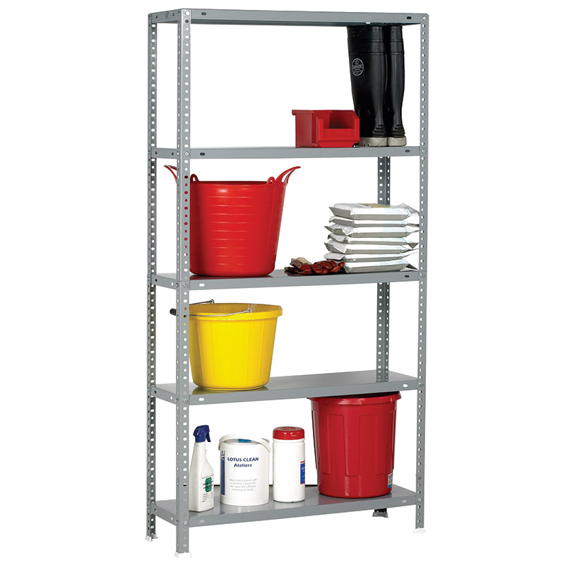 Bolted steel shelving with five metal shelves