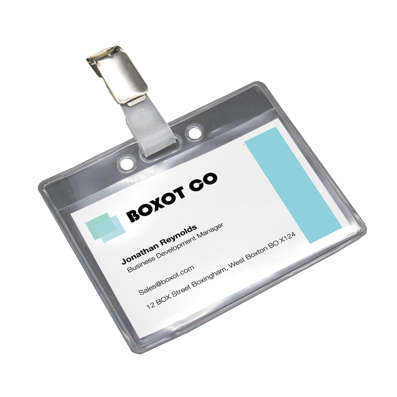 Clear plastic name badge holder with clip fastening