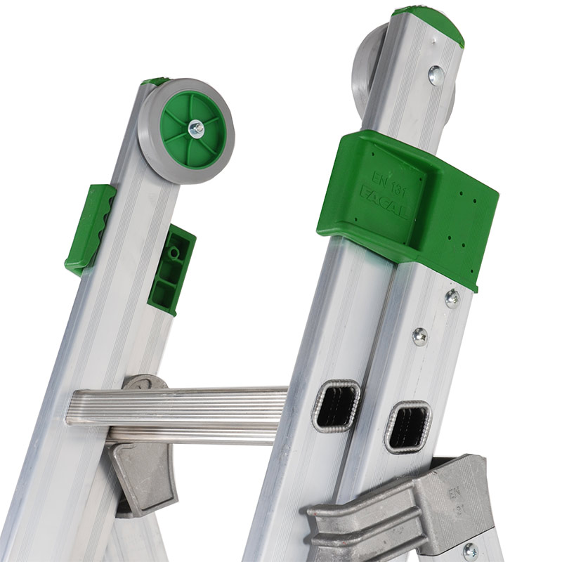 Combination ladder with telescopic stabiliser guide wheels