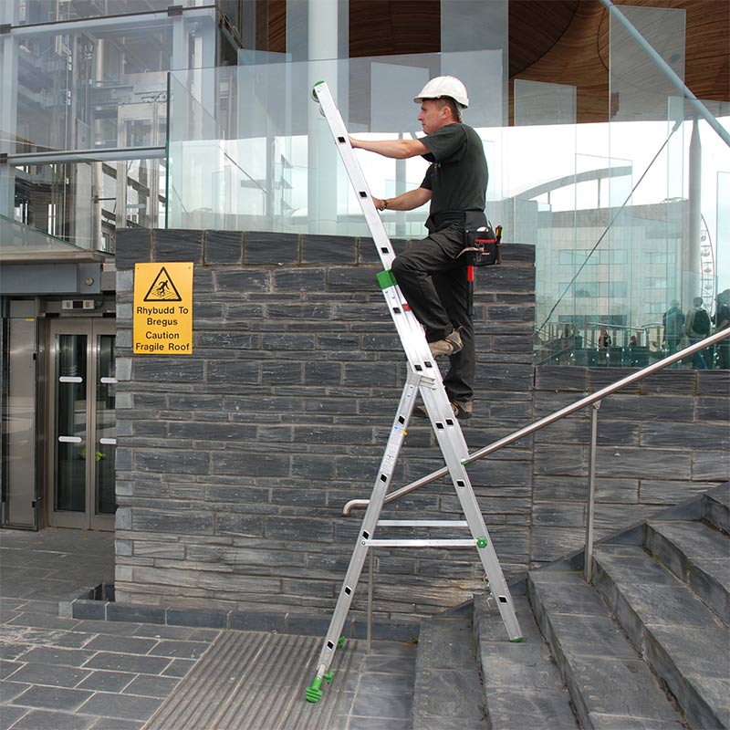 Combination ladder used on steps