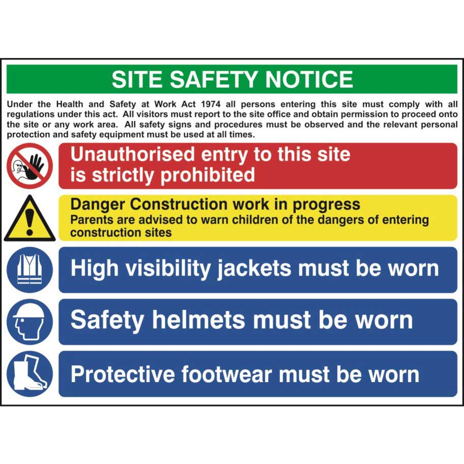 Construction Site Safety Sign With 1 Prohibition, 1 Warning & 3 Mandatory Procedures