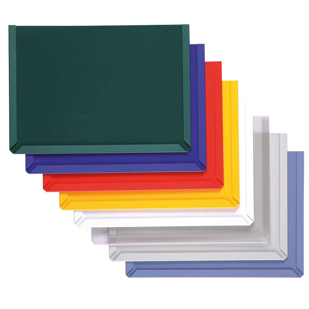 Document display pockets with hook and loop backing in a range of colours