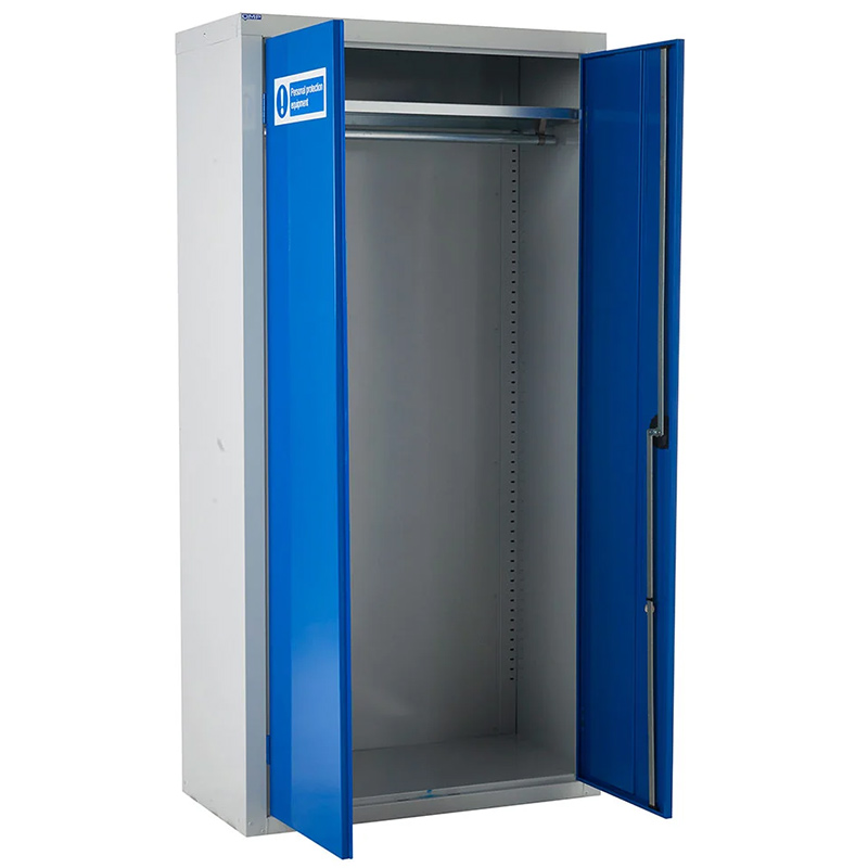 Metal double-door PPE clothing cupboard with hanging rail