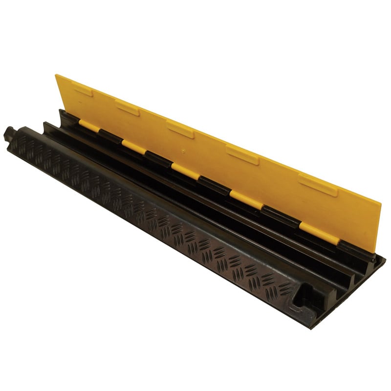 Dual channel pedestrian cable ramp with hinged lid