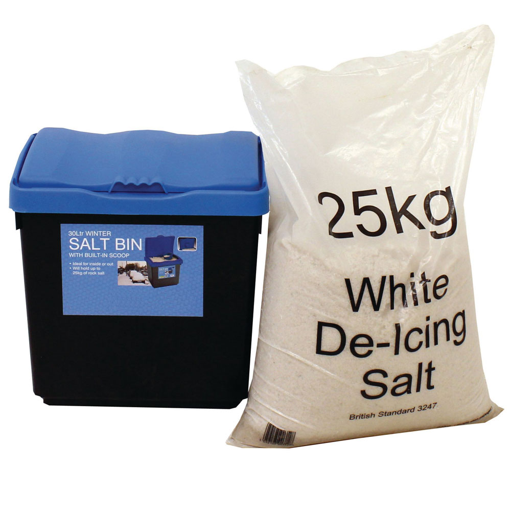 WINTER ROCK SALT 47L PLASTIC GRIT BIN SALT BIN WITH 10KG SALT & SCOOP 