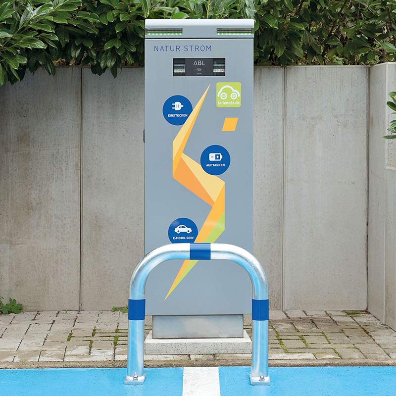 TRAFIC-LINE electric vehicle charging point impact protection barrier with blue reflective bands