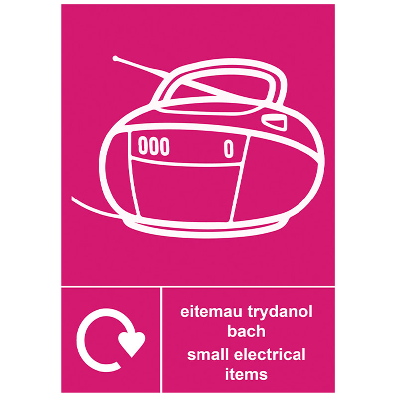 Small electrical items recycling sign in Welsh & English