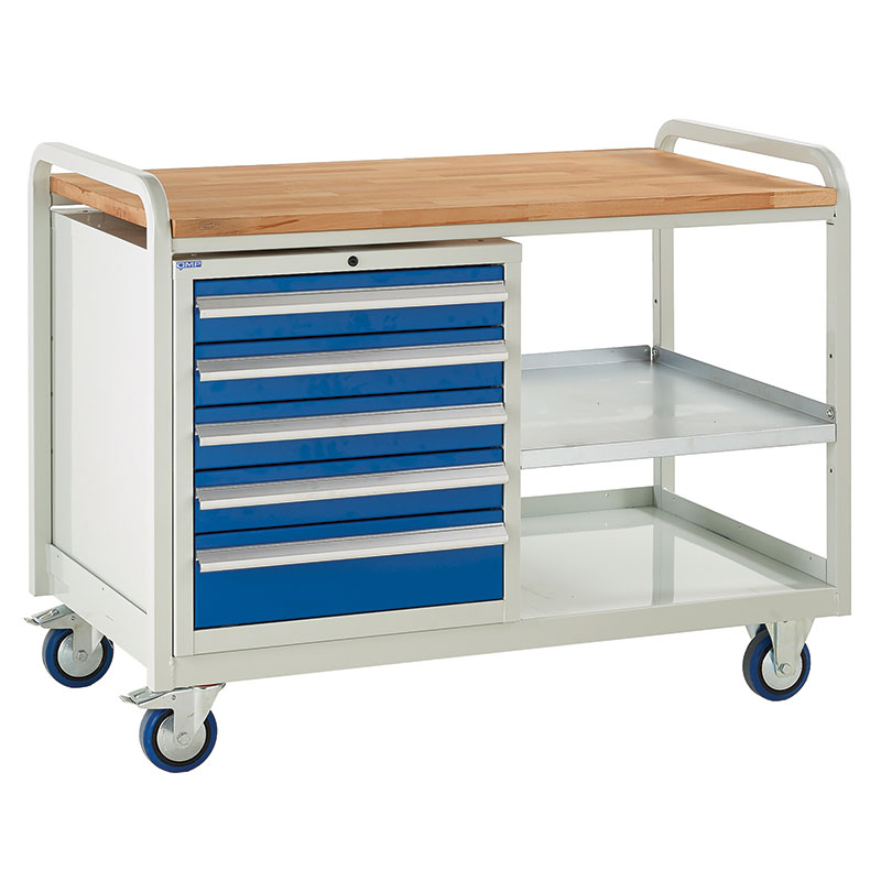 Euroslide tool trolley with beech worktop and 5 blue drawers