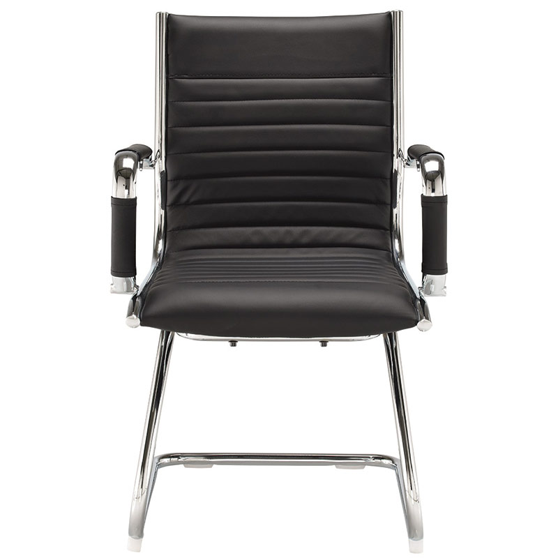 Executive chair with chrome frame and ribbed black leather seat