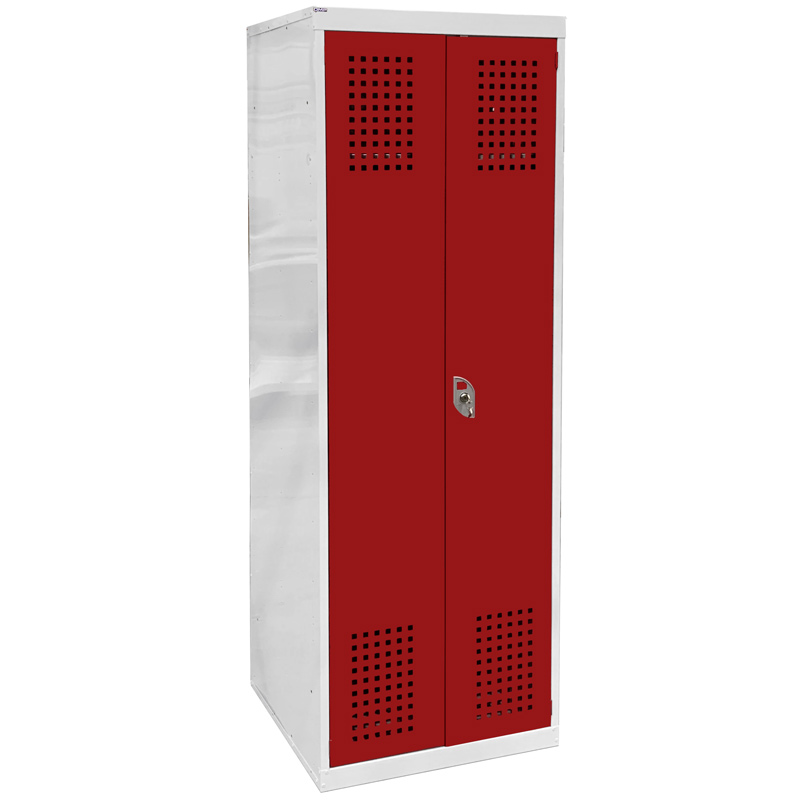 Fire service locker with red perforated doors