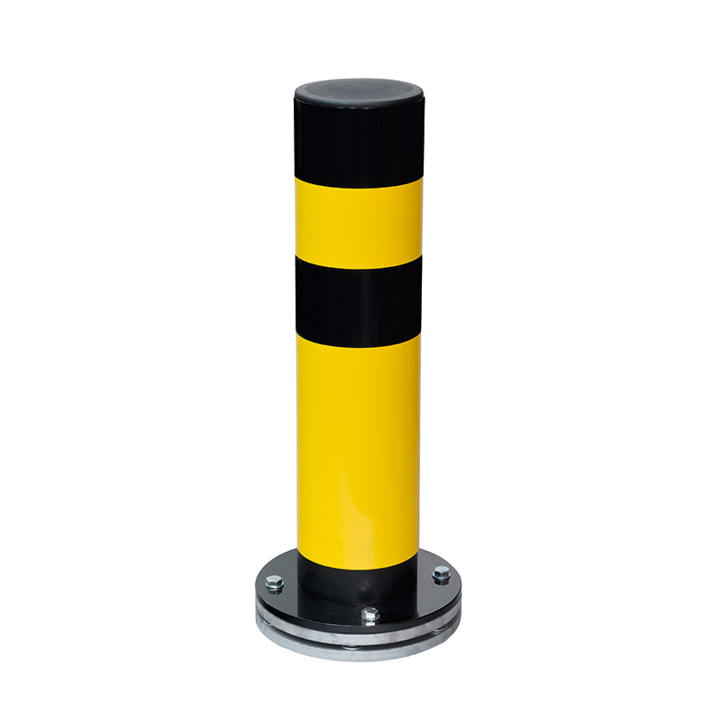 Heavy-duty black and yellow striped steel bollard