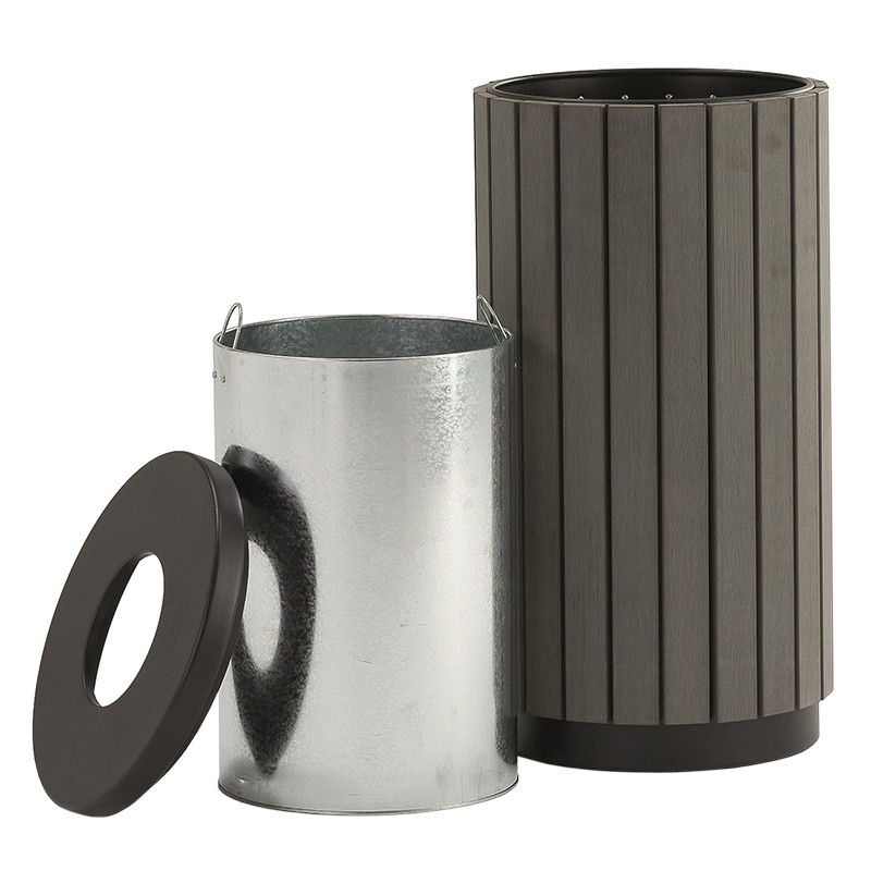 Grey wood-effect outdoor litter bin with removable lid and liner