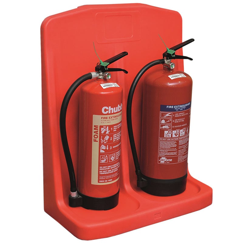 Heavy-duty red plastic fire extinguisher stand for 2 extinguishers