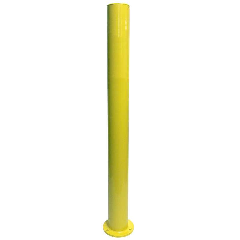 Heavy-duty galvanised steel impact protection bollard, powder-coated yellow - flanged circular base plate  for bolt down