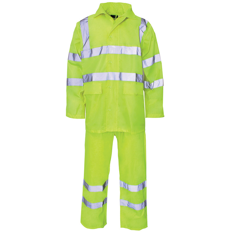 High-visibility yellow two-piece rainsuit with reflective bands