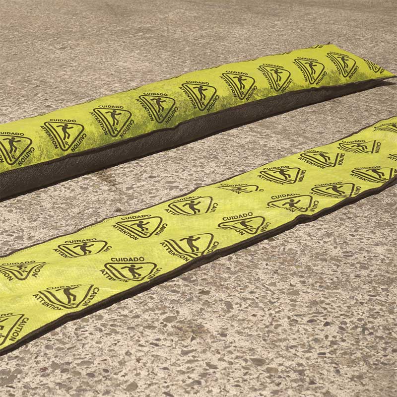 Inflatable flood barriers, inflated and flat