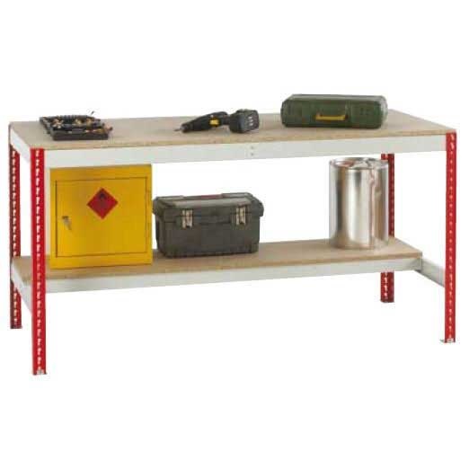 Just workbench with red frame, chipboard top and half-depth lower shelf