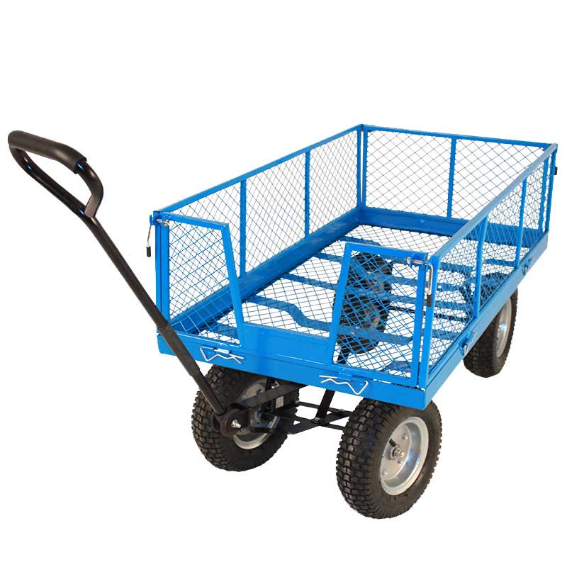 Blue platform truck with mesh sides