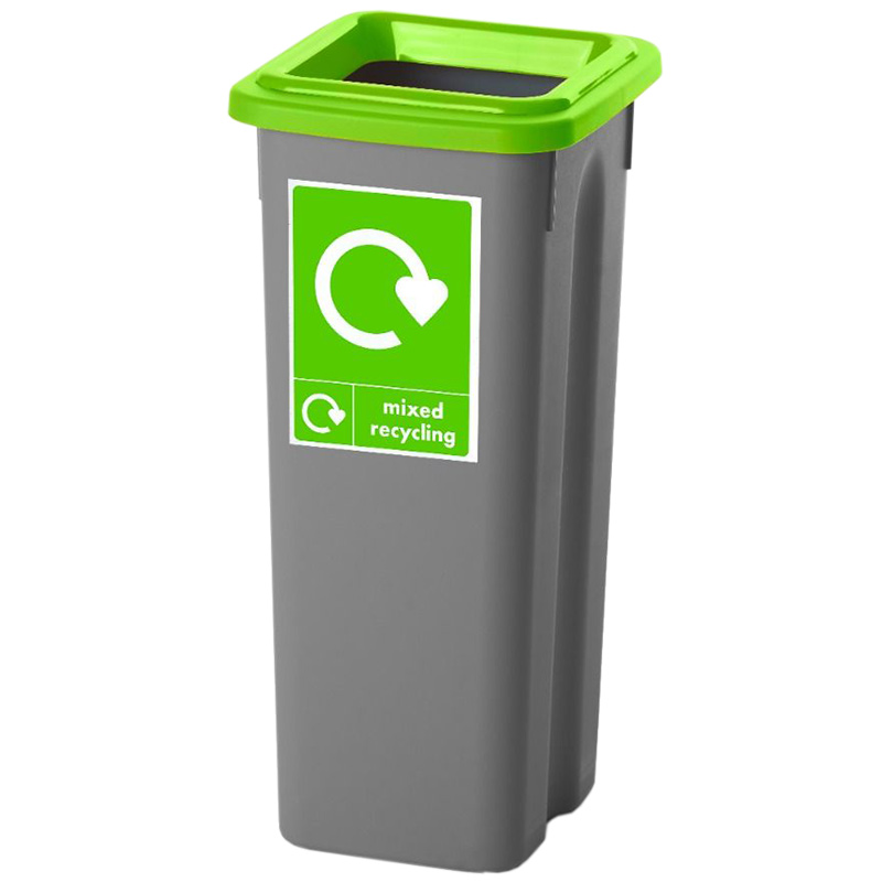 Mixed recycling bin with green lid