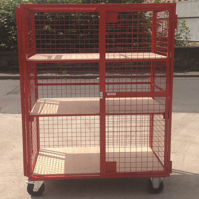 500kg mobile mesh storage cage with door open