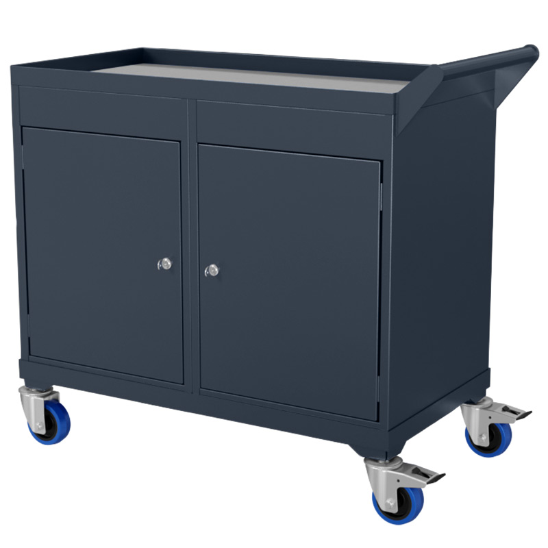 Mobile steel tool cabinet with two lockable doors and adjustable shelf