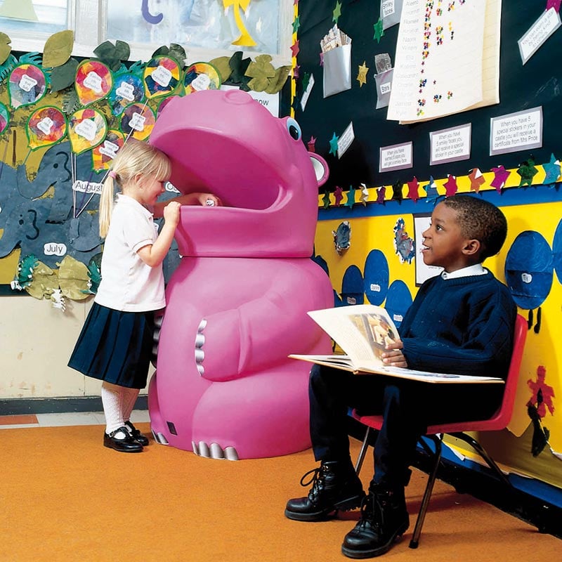 Pink hippo waste bin in school