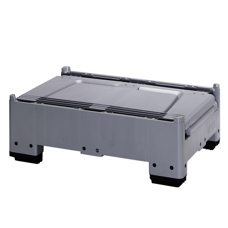 Plasic pallet box with hinged solid sides, collapsed