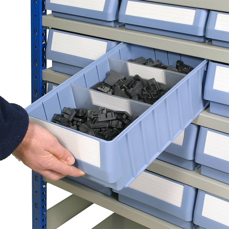 Plastic shelf bins for small parts storage