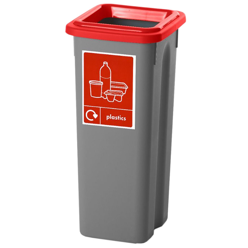 Plastics recycling bin with red lid