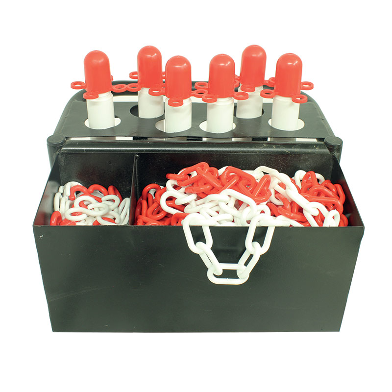 Post and chain trolley kit, chain storage bin