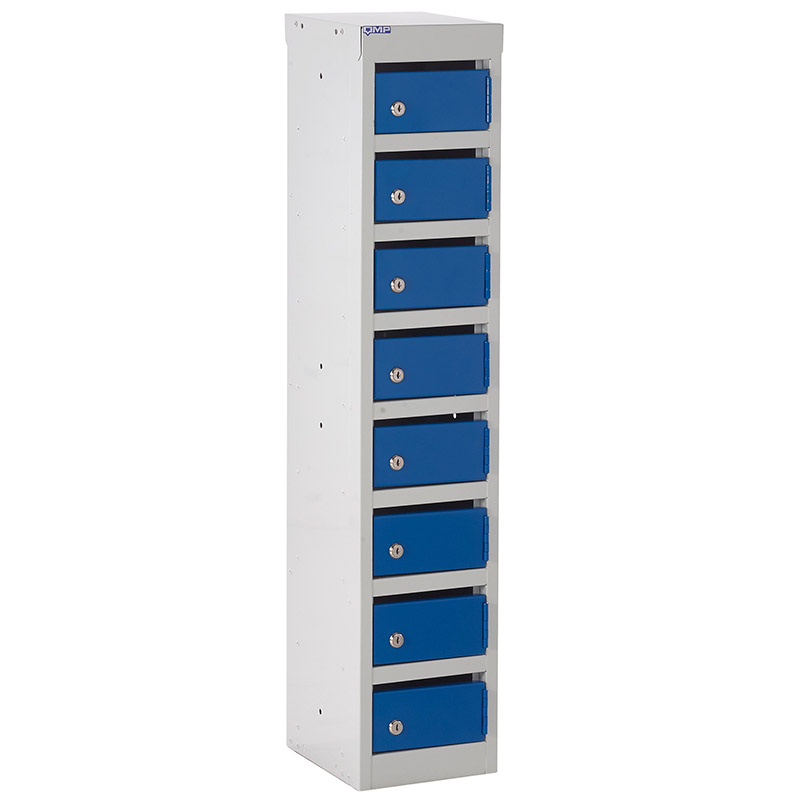 Post box locker with eight compartments with dark blue doors and 15mm slots