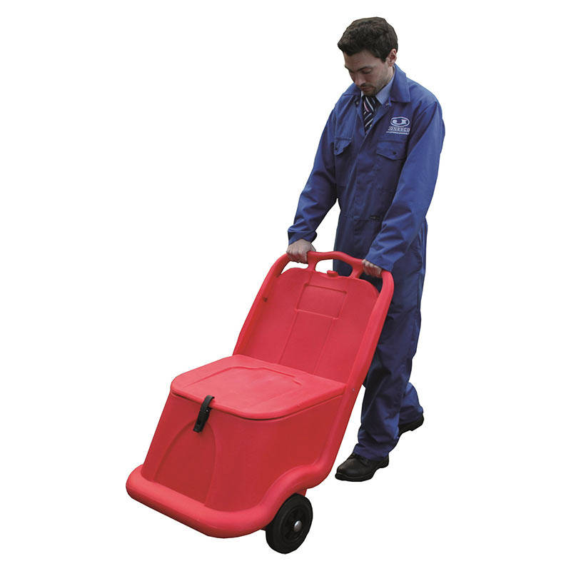 Red 75L grit bin with rear wheels