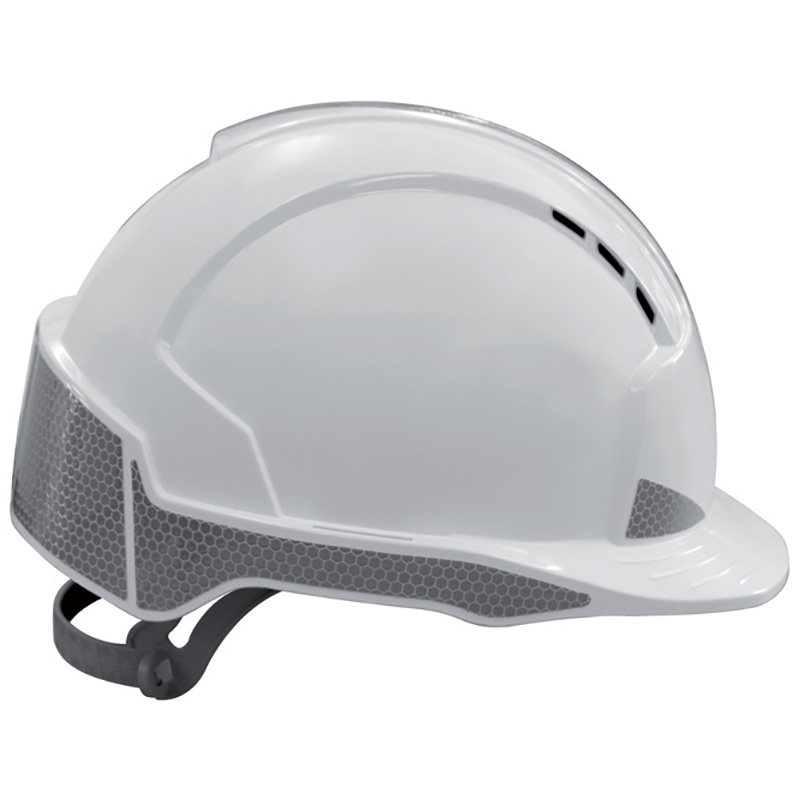 White hard hat with CR2 reflective panels for excellent visibility at night