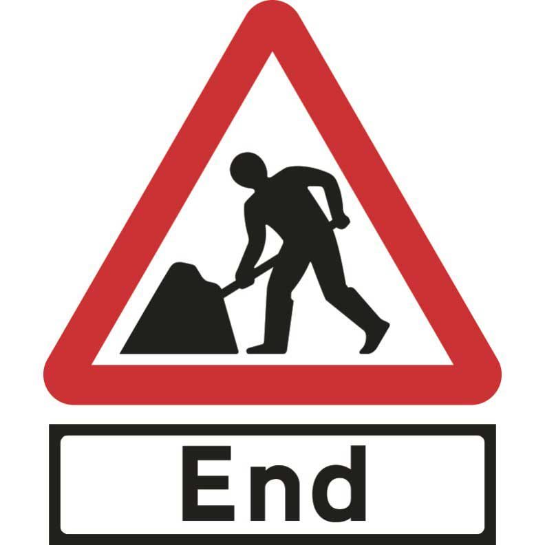 Roadworks End roll-up traffic sign with separate 'End' plate