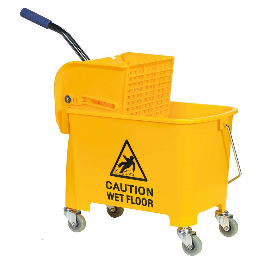 Restaurantware Clean 38 Quart Industrial Mop Bucket, 1 Combo Mop Wringer Bucket - with Side Press Wringer, Built-In Casters, Yellow Plastic