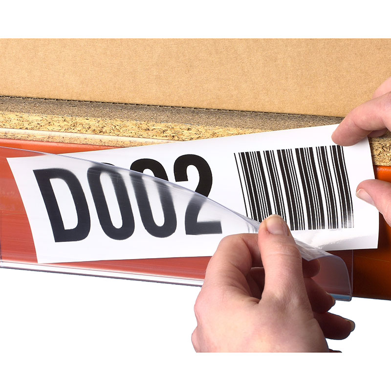 Self-adhesive clear plastic shelving label holders