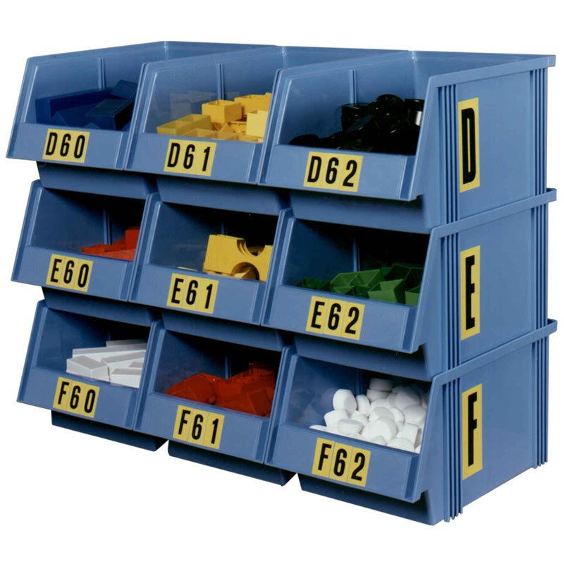 Self-adhesive vinyl alphabet letters used on small parts storage bins