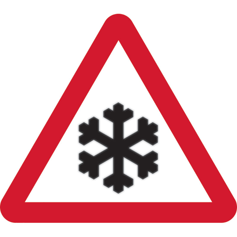 Snow and Ice warning triangular road sign