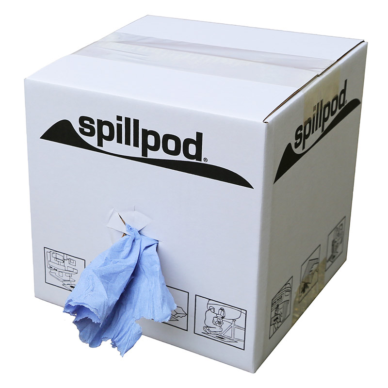 Spillpod blue paper roll in dispenser box