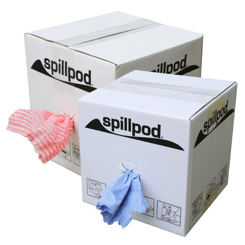 Spillpod dispenser boxes full of J-cloths and blue paper roll
