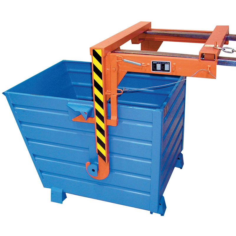 Forklift tipping skip with cable-operated emptying mechanism