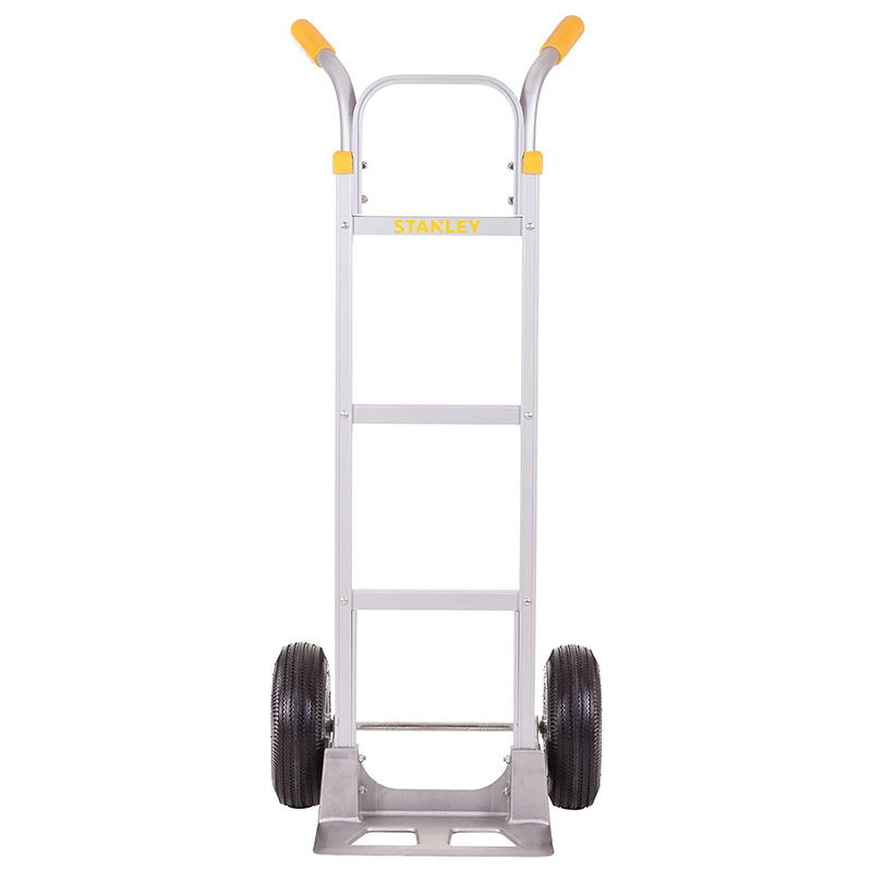 Stanley 200kg aluminium sack truck with pneumatic wheels and yellow trim