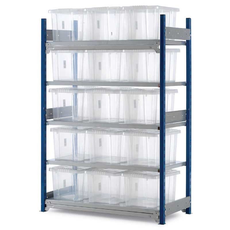 Toprax shelving starter bay with 15 plastic storage boxes